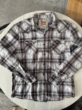 JNCO Crown Brand Y2K Black Gray Plaid Button-Down Cotton Shirt Western size S